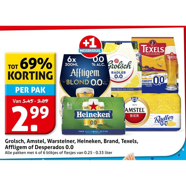 Grolsch, Amstel, Warsteiner, Heineken, Brand, Texels, Affligem of Desperados 0.0