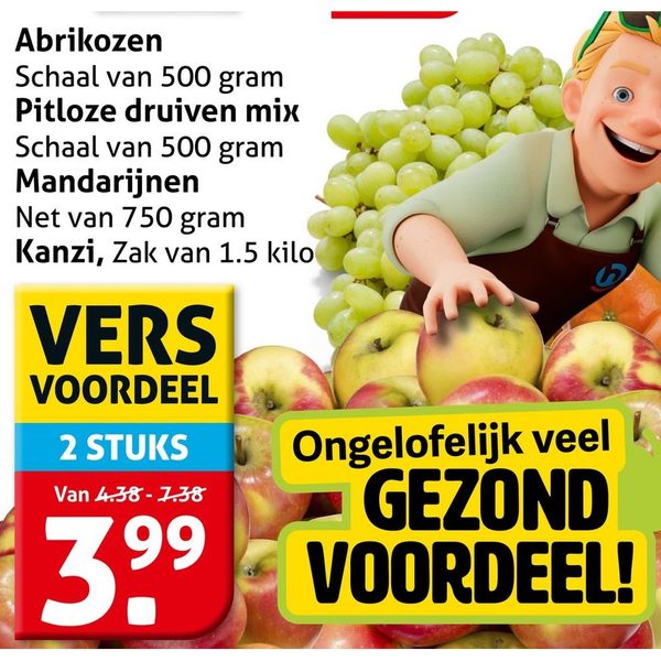 Fruitmix actie: Abrikozen, Druiven, Mandarijnen, Kanzi appels