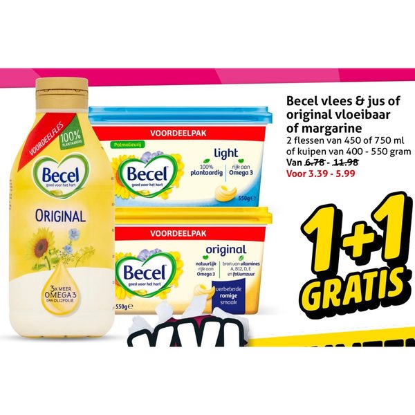 Becel vlees & jus of original vloeibaar of margarine