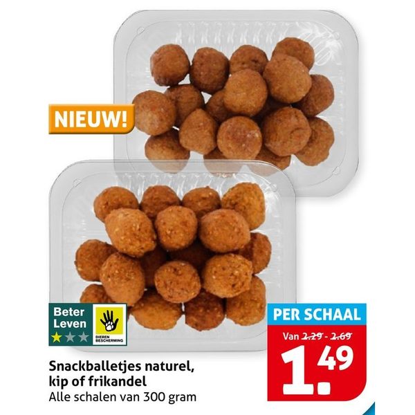 Snackballetjes naturel, kip of frikandel