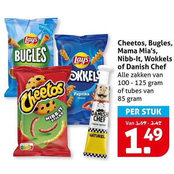 Cheetos, Bugles, Mama Mia's, Nibb-It, Wokkels of Danish Chef