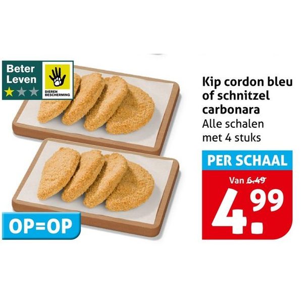 Kip cordon bleu of schnitzel carbonara
