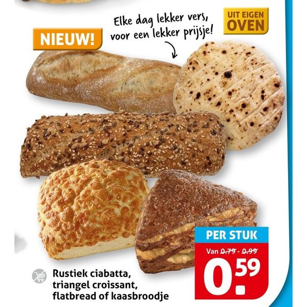 Rustiek ciabatta, triangel croissant, flatbread of kaasbroodje