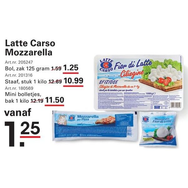 Mozzarella (bol, staaf, mini bolletjes, voor pizza)
