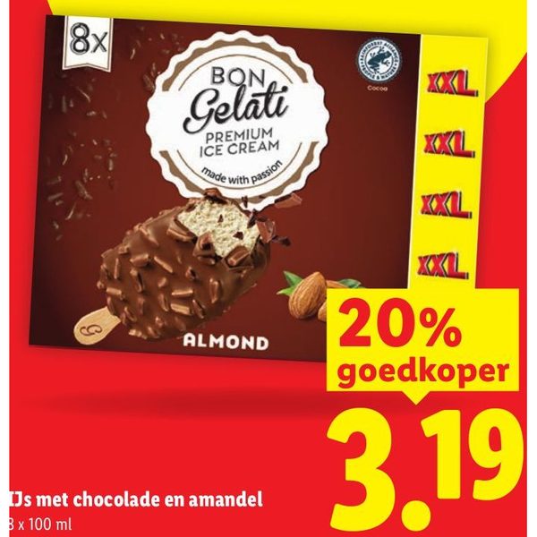 IJs met chocolade en amandel