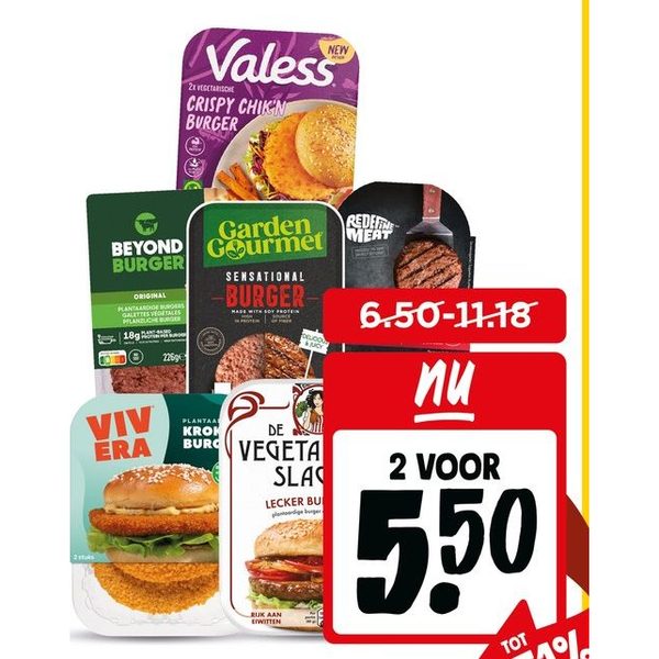 Alle A-merk vleesvervangers burgers of worsten