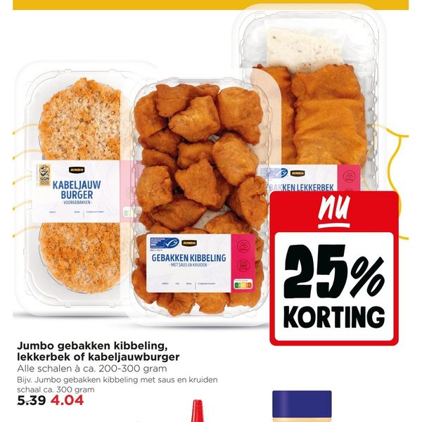 Jumbo gebakken kibbeling, lekkerbek of kabeljauwburger