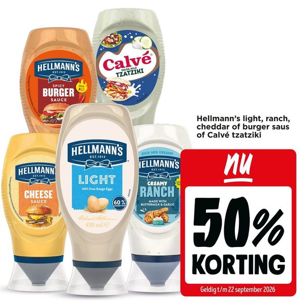 Hellmann’s light, ranch, cheddar of burger saus of Calvé tzatziki