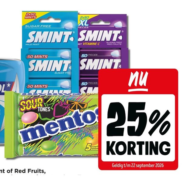 Smint Mild Mint, Red Fruits, Stimorol Peppermint pot, Mentos Sour Tones