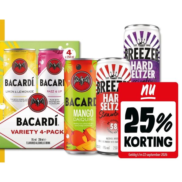 Breezer hardseltzers, Bacardi mango daiquiry of multipack razz/lime