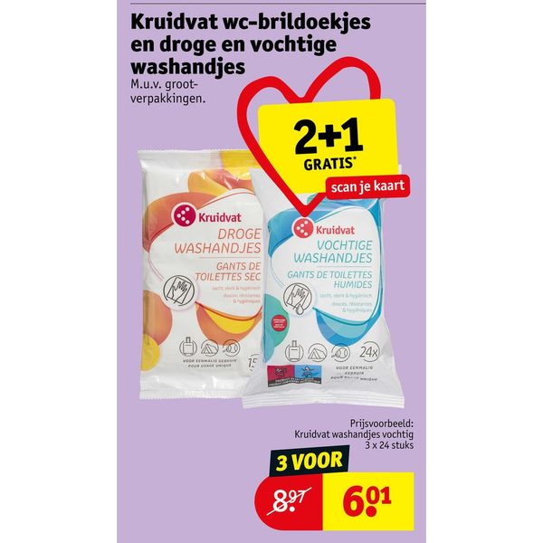 Kruidvat wc-brildoekjes en droge en vochtige washandjes