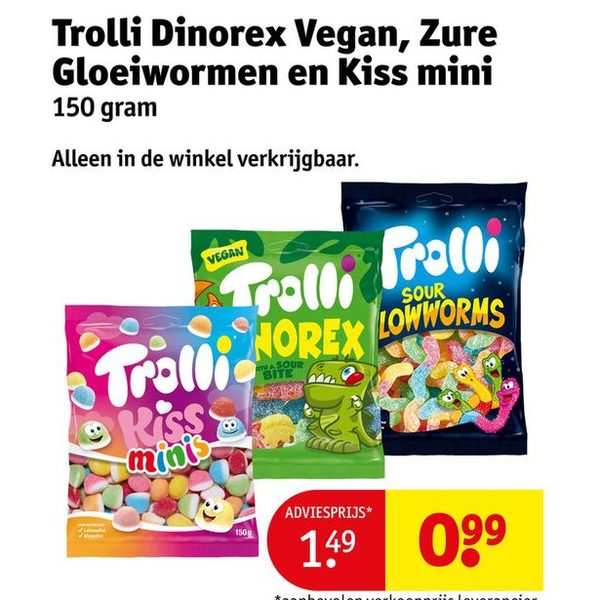 Trolli Dinorex Vegan, Zure Gloeiwormen en Kiss mini