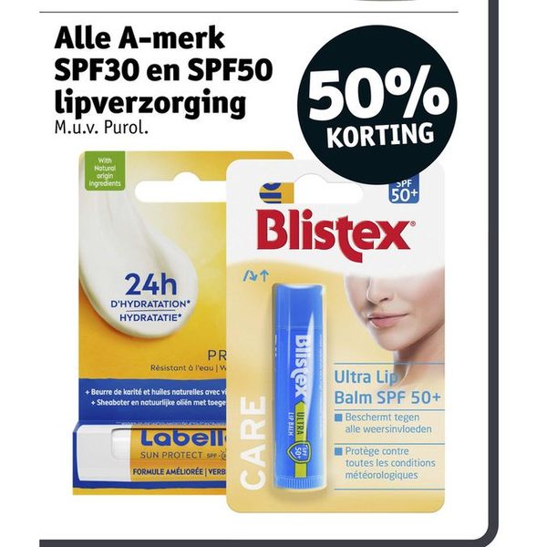 Alle A-merk SPF30 en SPF50 lipverzorging