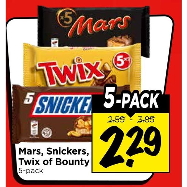 Mars, Snickers, Twix of Bounty 5-pack