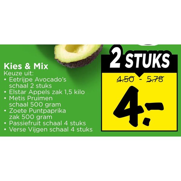 Kies & Mix: Eetrijpe Avocado's, Elstar Appels, Metis Pruimen, Zoete Puntpaprika, Passiefruit, Verse Vijgen