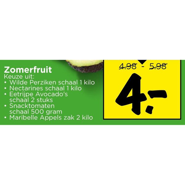 Zomerfruit (Wilde Perziken, Nectarines, Avocado's, Snacktomaten, Maribelle Appels)