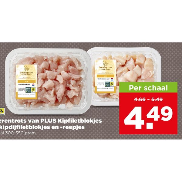 Boerentrots van PLUS Kipfiletblokjes en kipdijfiletblokjes en -reepjes