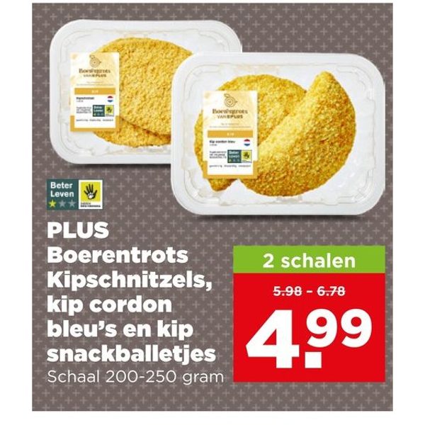 PLUS Boerentrots Kipschnitzels, kip cordon bleu's en kip snackballetjes
