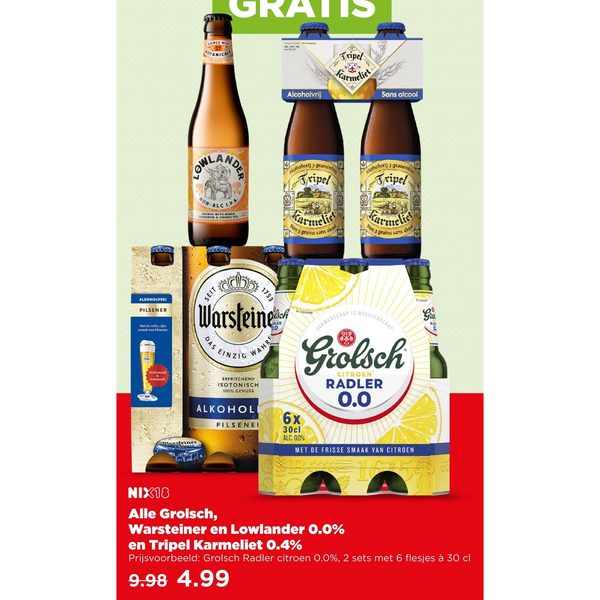 Grolsch, Warsteiner, Lowlander 0.0% en Tripel Karmeliet 0.4%