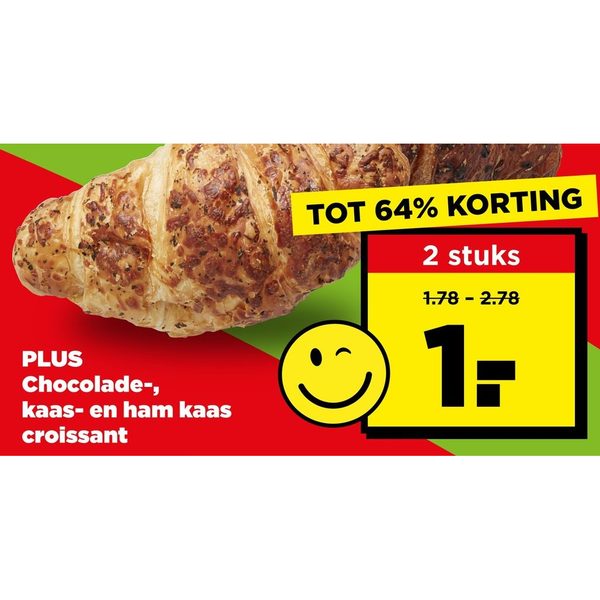 PLUS Chocolade-, kaas- en ham kaas croissant