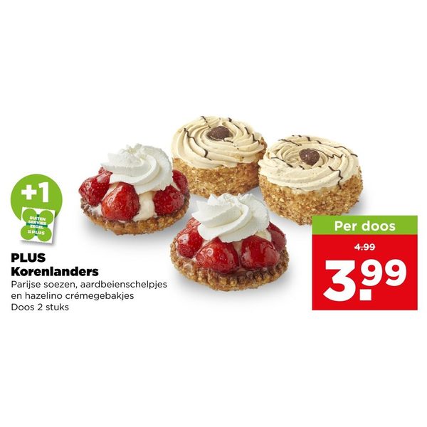 PLUS Korenlanders Parijse soezen, aardbeienschelpjes en hazelino crémegebakjes