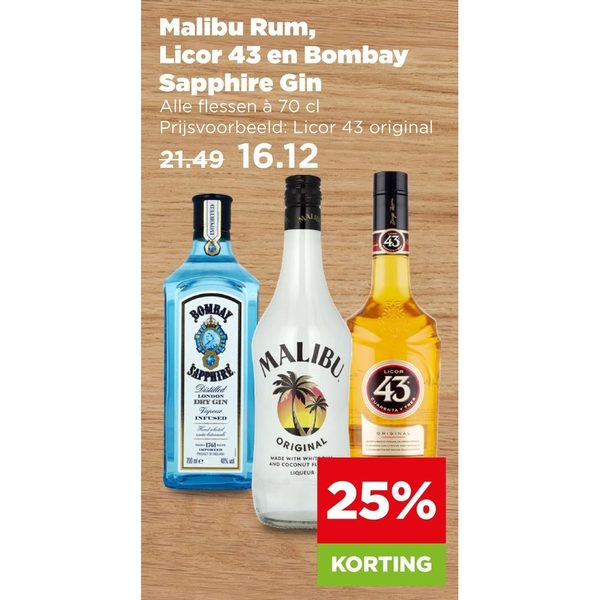 Malibu Rum, Licor 43 en Bombay Sapphire Gin