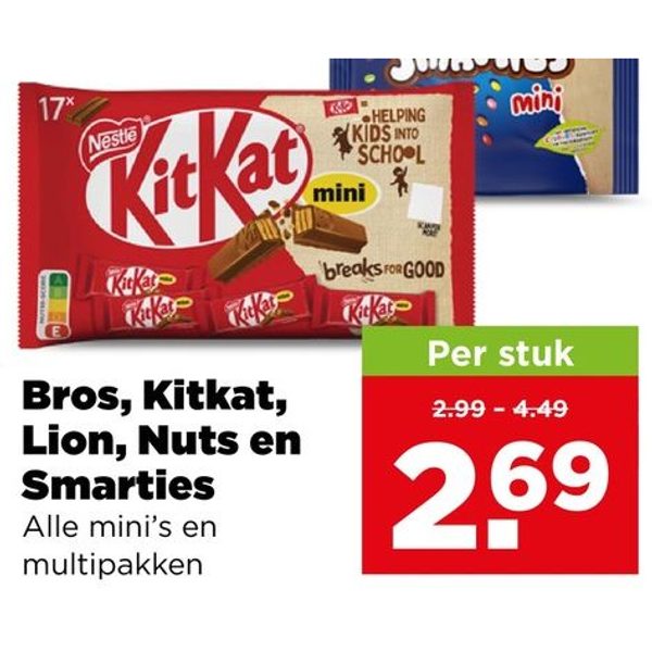 Bros, KitKat, Lion, Nuts en Smarties mini's en multipakken