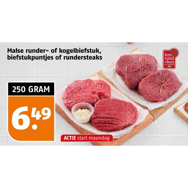 Malse runder- of kogelbiefstuk, biefstukpuntjes of rundersteaks