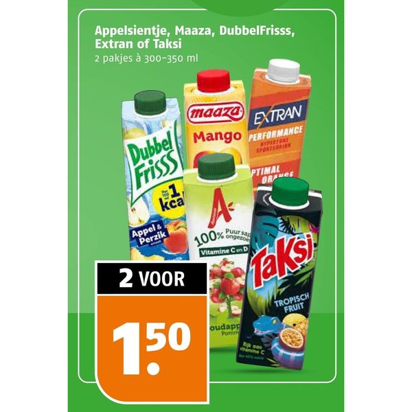 Appelsientje, Maaza, DubbelFrisss, Extran of Taksi pakjes