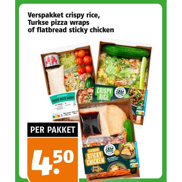 Verspakket crispy rice, Turkse pizza wraps, flatbread sticky chicken