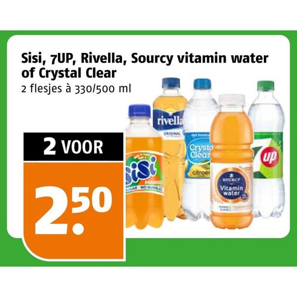 Sisi, 7UP, Rivella, Sourcy vitamin water of Crystal Clear