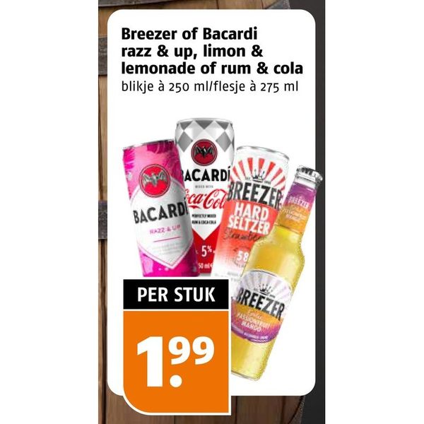 Breezer of Bacardi razz & up, limon & lemonade of rum & cola