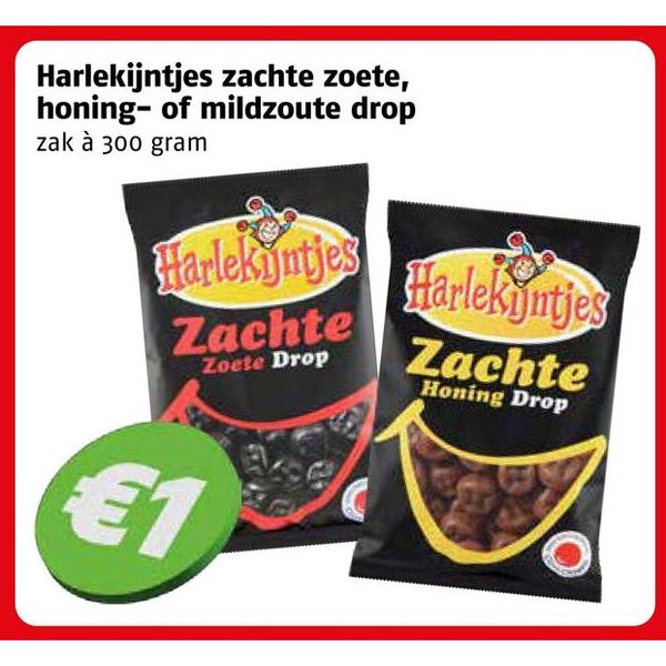 Harlekijntjes zachte zoete, honing- of mildzoute drop