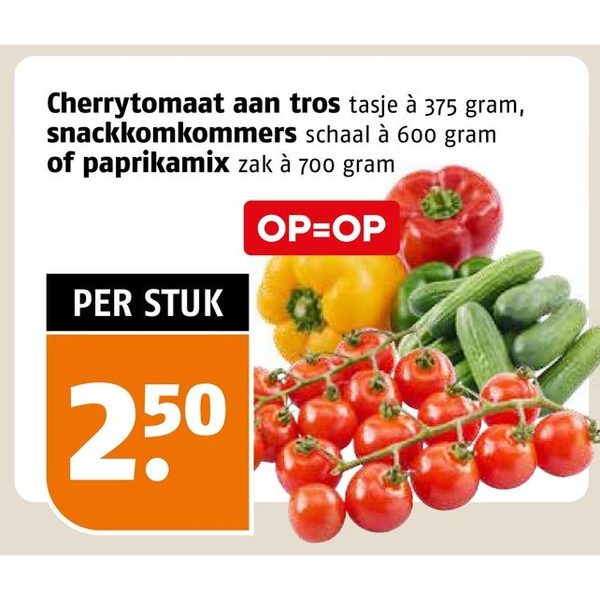 Cherrytomaat, snackkomkommers of paprikamix