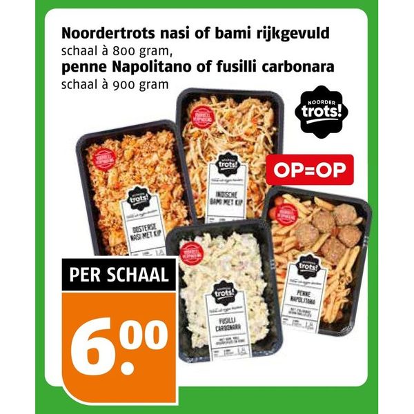 Nasi of bami rijkgevuld, penne Napolitano of fusilli carbonara