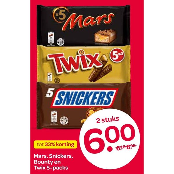 Mars, Snickers, Bounty en Twix 5-packs