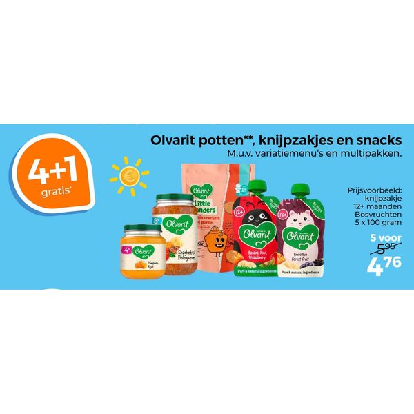 Olvarit potten, knijpzakjes en snacks