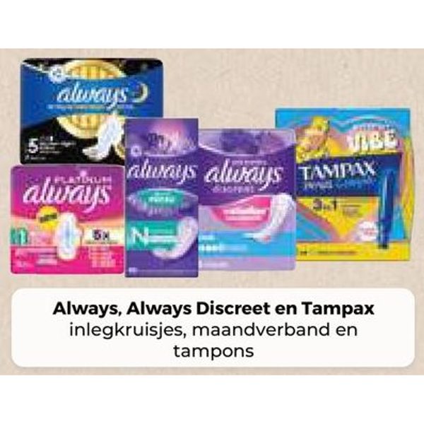 Always, Always Discreet en Tampax inlegkruisjes, maandverband en tampons