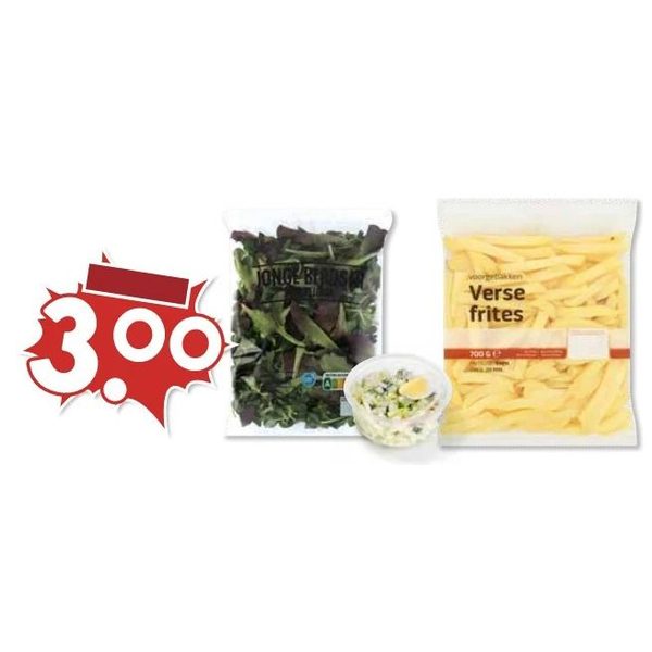 Jonge bladsla, verse frites en maaltijdsalade
