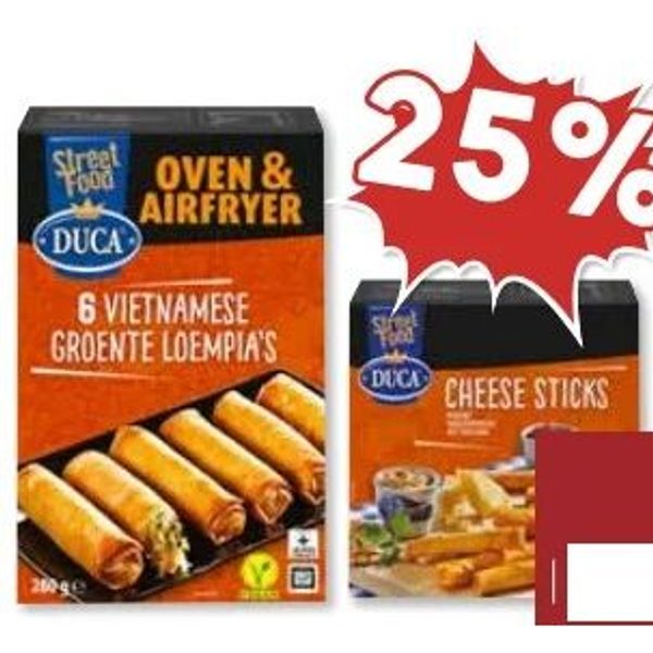 diverse Duca snacks (o.a. loempia's, cheese sticks)