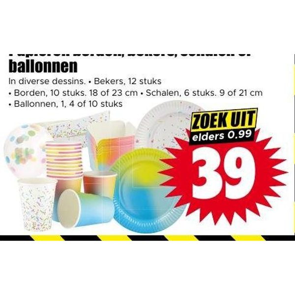 Papieren borden, bekers, schalen of ballonnen